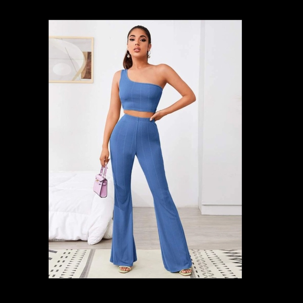 One Shoulder Slim Crop Top & Flare Pants Set-blue